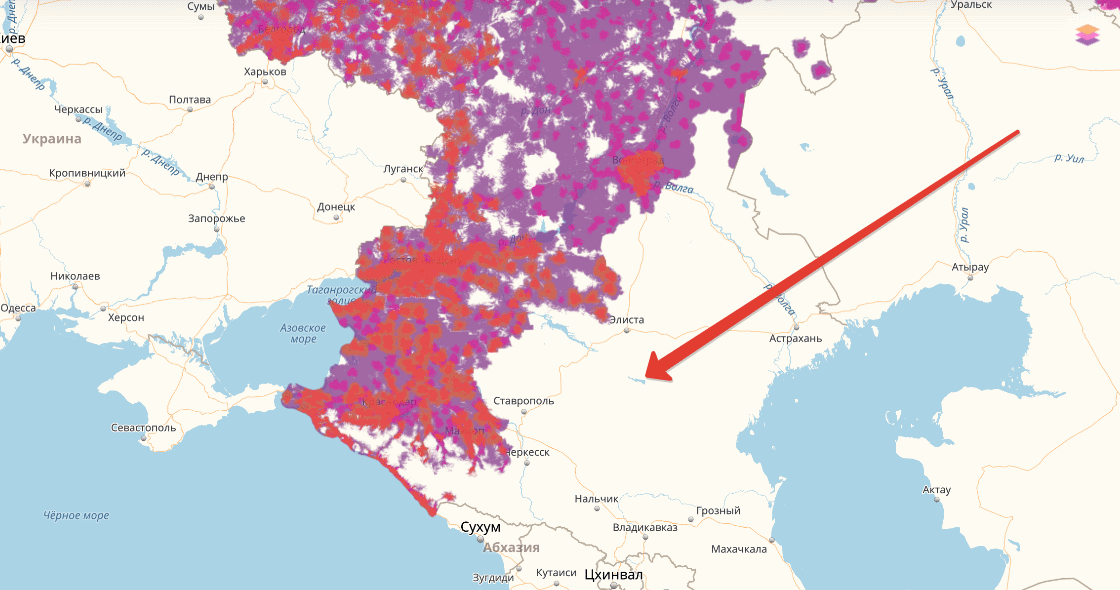 зона покрытия Теле2 в ставропольском крае в начале 2020 г.