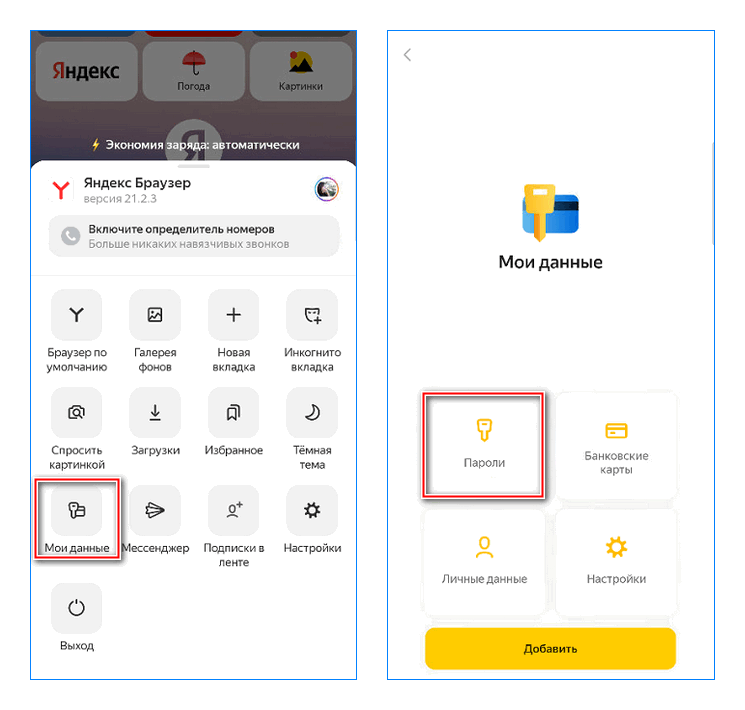 Раздел с паролями в мобильном Яндекс браузере