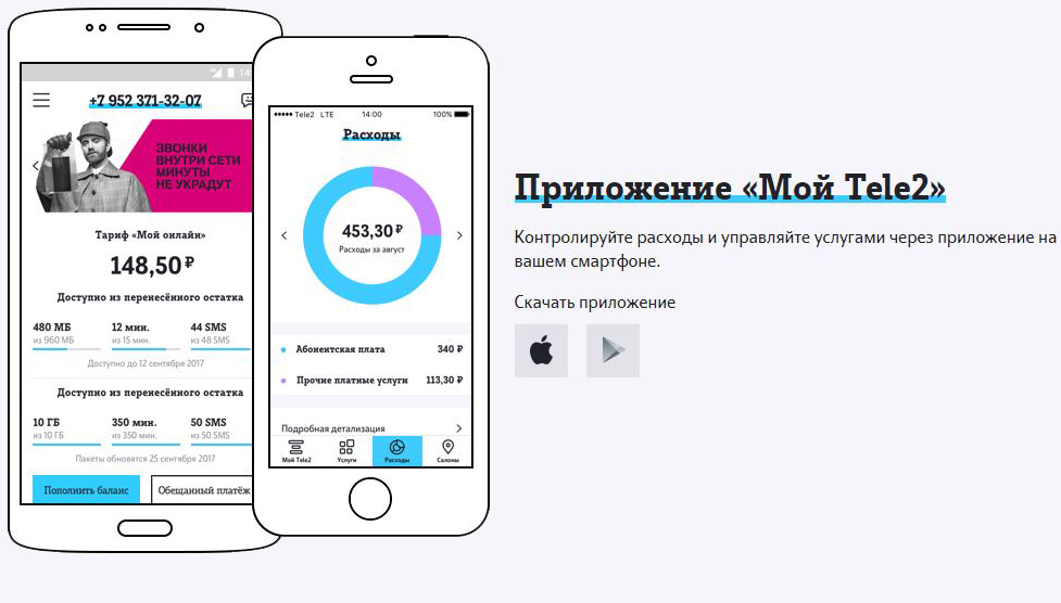 теле 2 остаток по тарифу в приложении