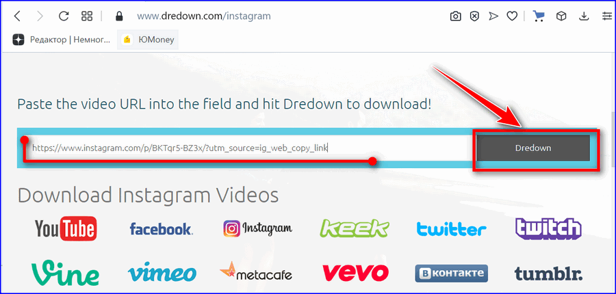 Скачать видео Инстаграм через Dredown2
